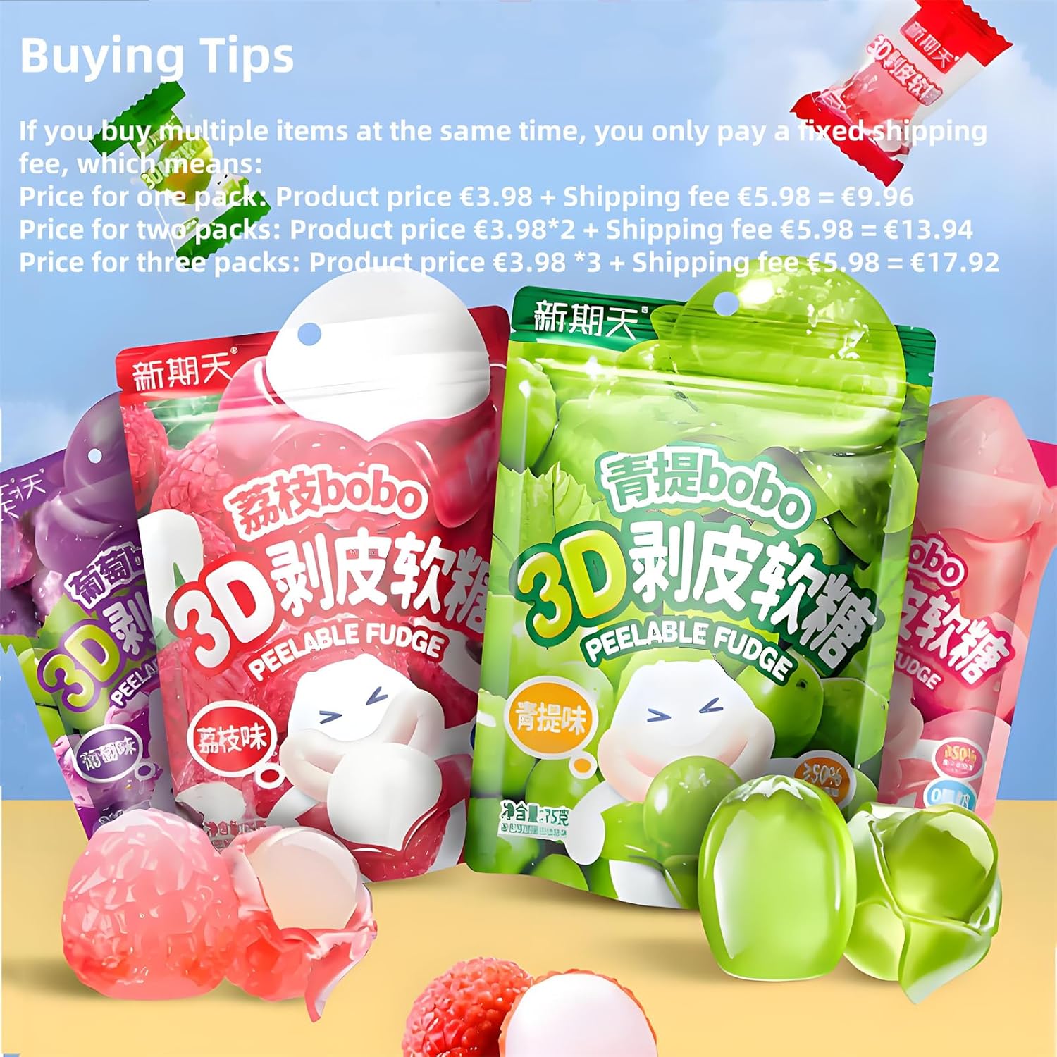 75g fruits gummies bonbon bonbons en gros bonbon halloween,bonbons pelables, litchis, raisins, bonbons pêche blanche-saveur de raisin vert