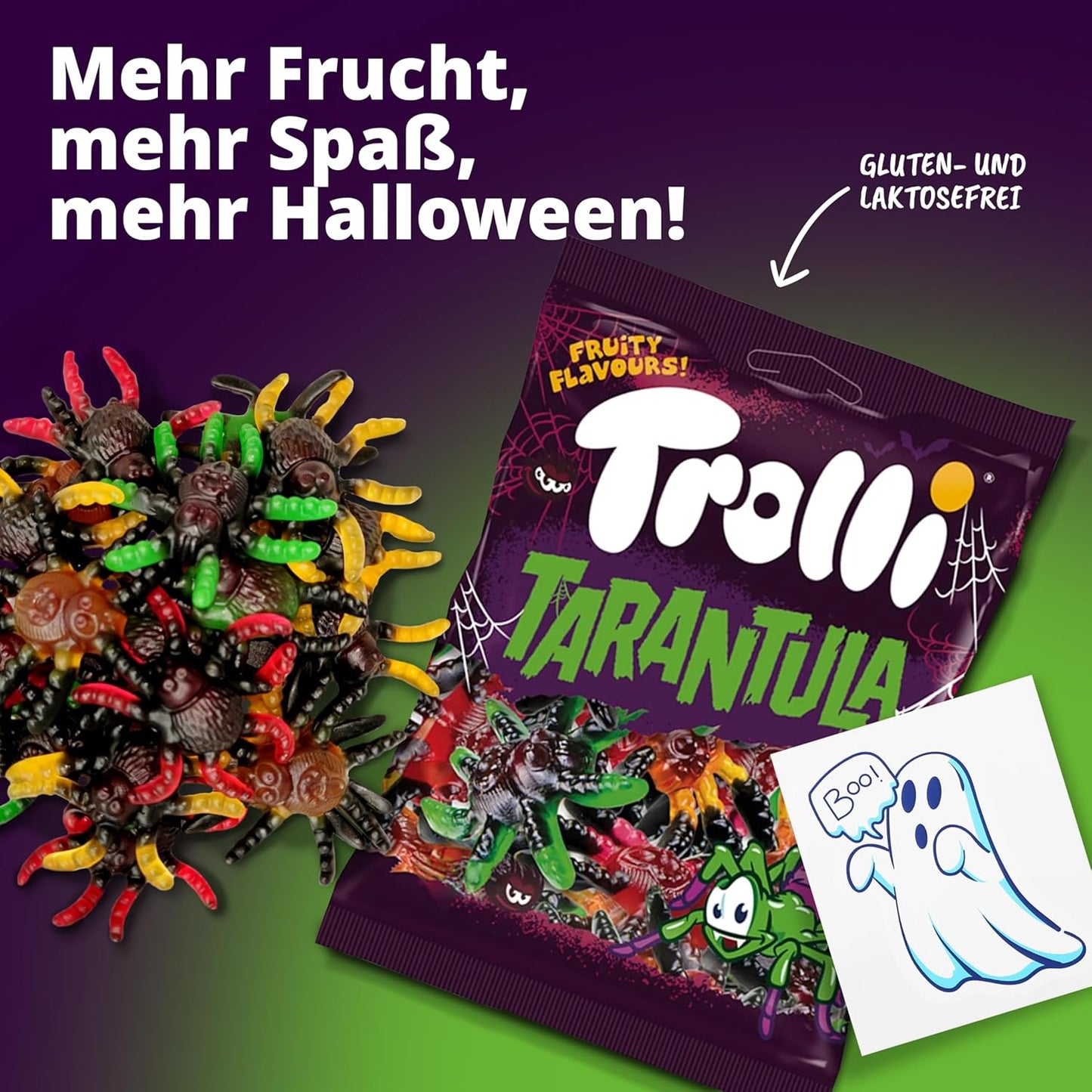 Trolli Tarantula Lot de 2 araignées en caoutchouc de 150 g chacune, avec autocollants fantômes, sans lactose et sans gluten, bonbons aux fruits Tarantula dans différentes saveurs, convient pour les