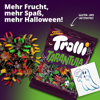 Trolli Tarantula Lot de 2 araignées en caoutchouc de 150 g chacune, avec autocollants fantômes, sans lactose et sans gluten, bonbons aux fruits Tarantula dans différentes saveurs, convient pour les