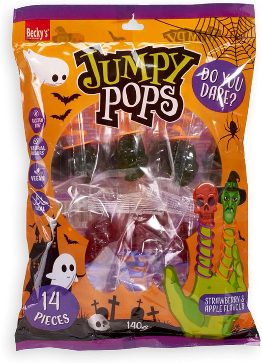 Jumpy Pops Halloween Lollies 140g – Sucettes sucrées en forme de tête de mort & sorcière avec ressort à enrouler autour des doigts – Cadeaux de fête, Trick or Treat, anniversaire & bonbons déco