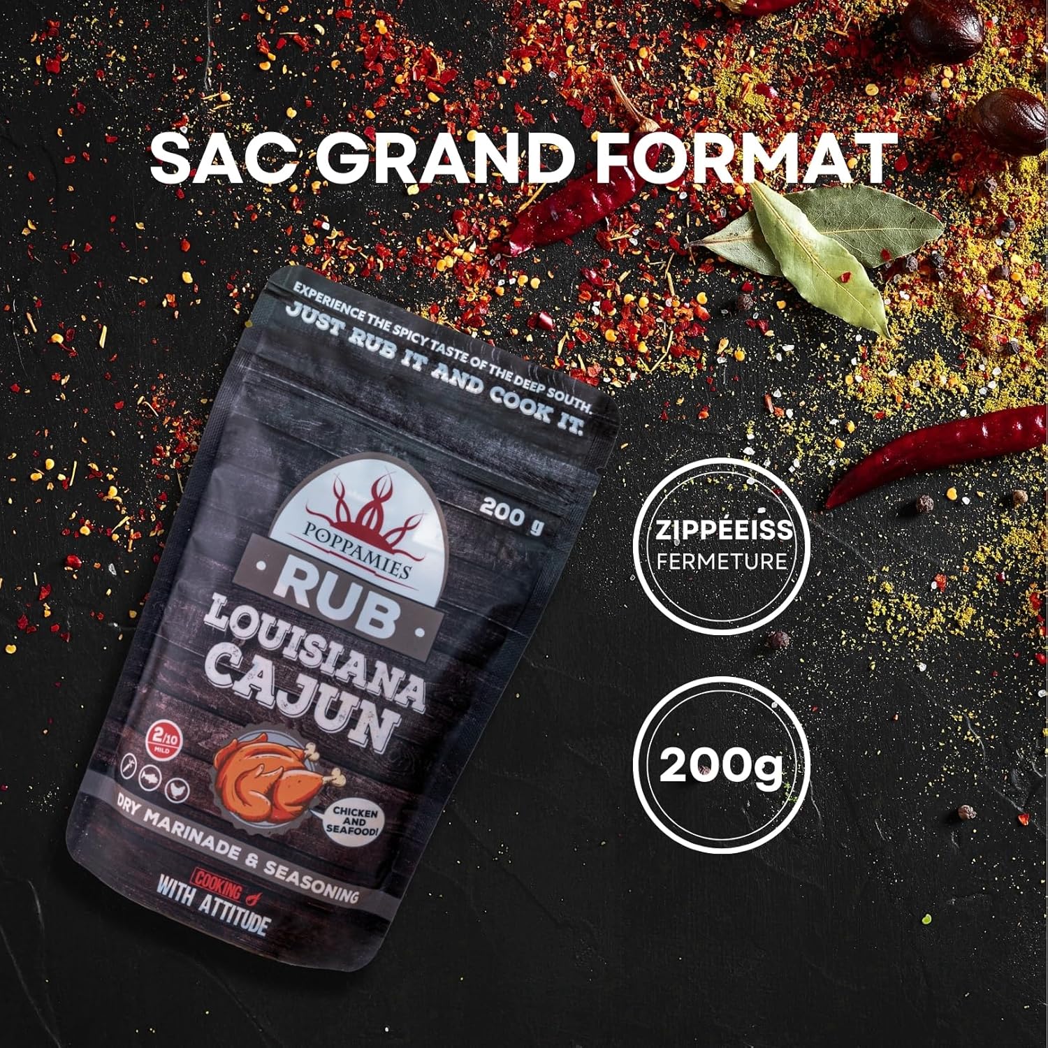 Poppamies Louisiana Cajun BBQ Rub - Assaisonnement BBQ 100% Naturel - Marinade Sèche & Épices. Particulièrement adapté pour le poulet et les fruits de mer - Idéal au Grill au Four -Grand Format (200g)