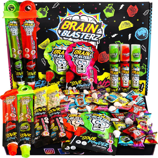 Brain Blasterz bonbons acidulés en gros – Bonbons à offrir – 27 pièces avec sucettes, bonbons à mâcher & bonbons qui piquent – Halal & Vegan – Pour Halloween, cadeau d’anniversaire & plus encore