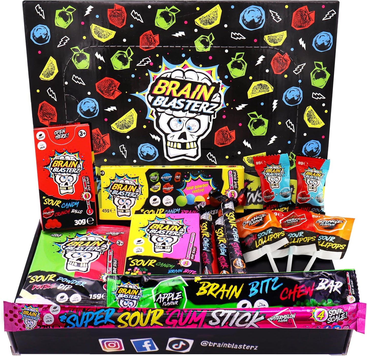 Brain Blasterz Boîte à friandises Super Sour Sweet – Hard Candy, Brain Breakerz, Candy Spray, Sour Powder Dipper et plus encore | Fraise, pastèque, baies et plus encore