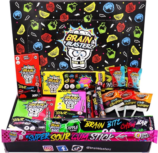 Brain Blasterz Boîte à friandises Super Sour Sweet – Hard Candy, Brain Breakerz, Candy Spray, Sour Powder Dipper et plus encore | Fraise, pastèque, baies et plus encore