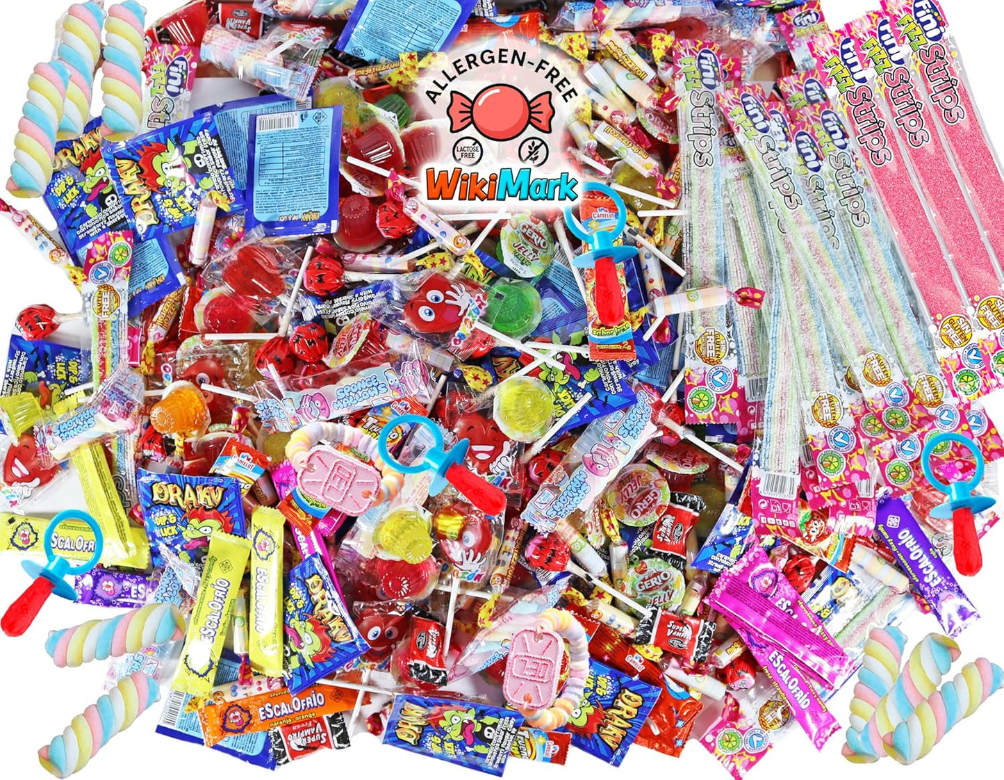 Mega Box 110 friandises remplies de pinata sans allergène, friandises et bonbons – Parfait pour les anniversaires, fêtes, Noël, Halloween. Sans gluten et sans lait. Comprend des langues de fraise.