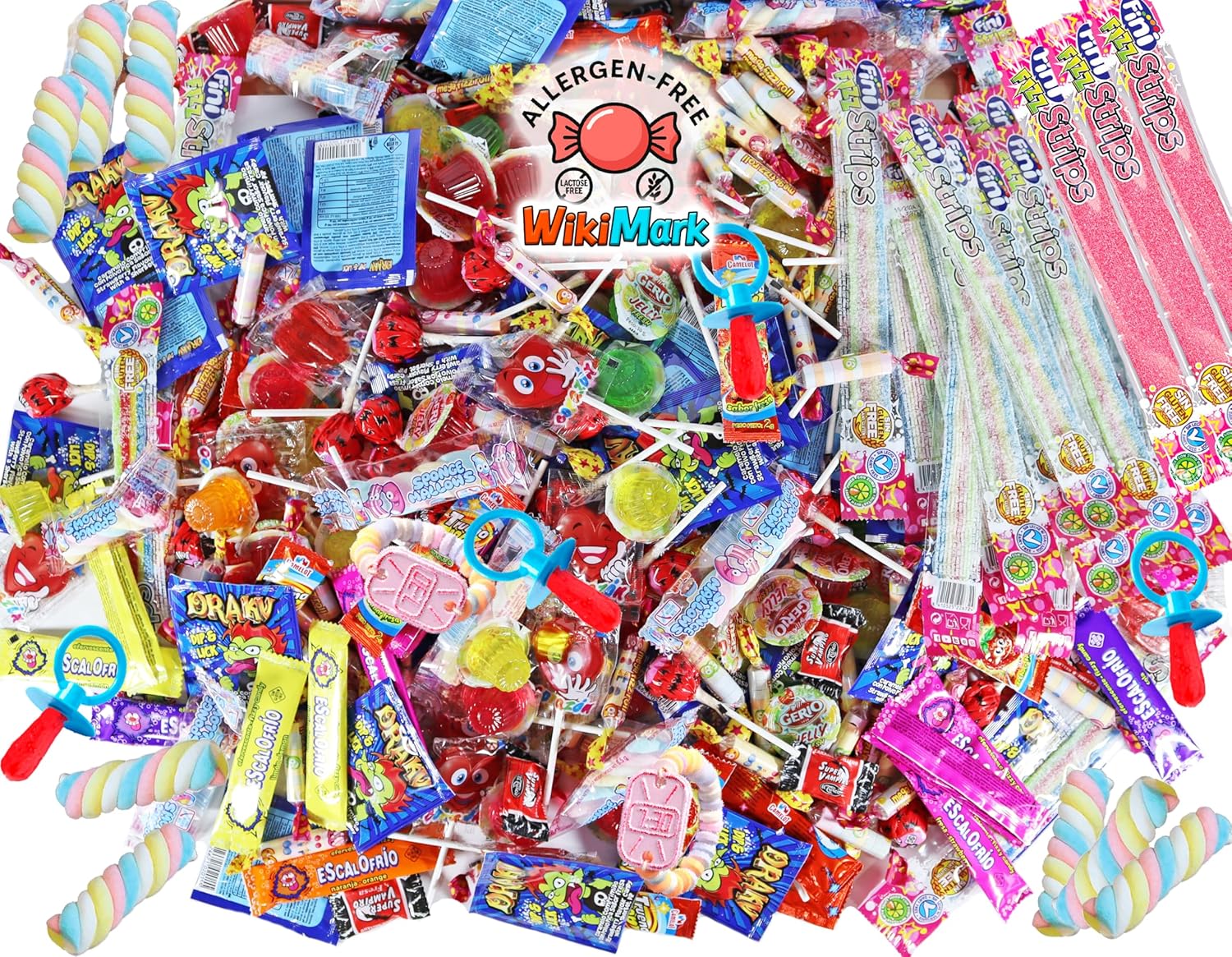 Mega Box 110 friandises remplies de pinata sans allergène, friandises et bonbons – Parfait pour les anniversaires, fêtes, Noël, Halloween. Sans gluten et sans lait. Comprend des langues de fraise.