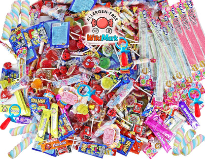 Mega Box 110 friandises remplies de pinata sans allergène, friandises et bonbons – Parfait pour les anniversaires, fêtes, Noël, Halloween. Sans gluten et sans lait. Comprend des langues de fraise.
