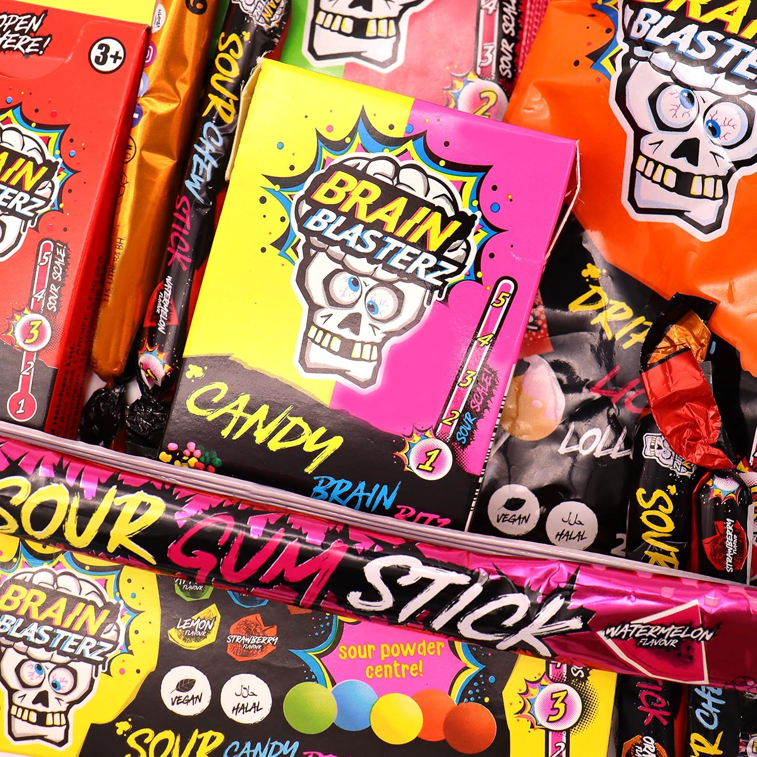 Brain Blasterz Boîte à friandises Super Sour Sweet – Hard Candy, Brain Breakerz, Candy Spray, Sour Powder Dipper et plus encore | Fraise, pastèque, baies et plus encore