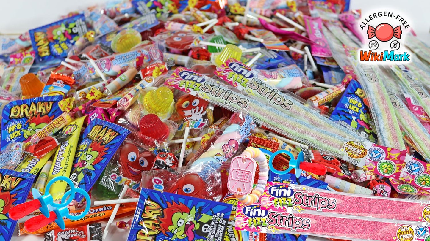 Mega Box 110 friandises remplies de pinata sans allergène, friandises et bonbons – Parfait pour les anniversaires, fêtes, Noël, Halloween. Sans gluten et sans lait. Comprend des langues de fraise.