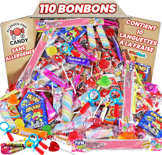 Mega Box 110 friandises remplies de pinata sans allergène, friandises et bonbons – Parfait pour les anniversaires, fêtes, Noël, Halloween. Sans gluten et sans lait. Comprend des langues de fraise.